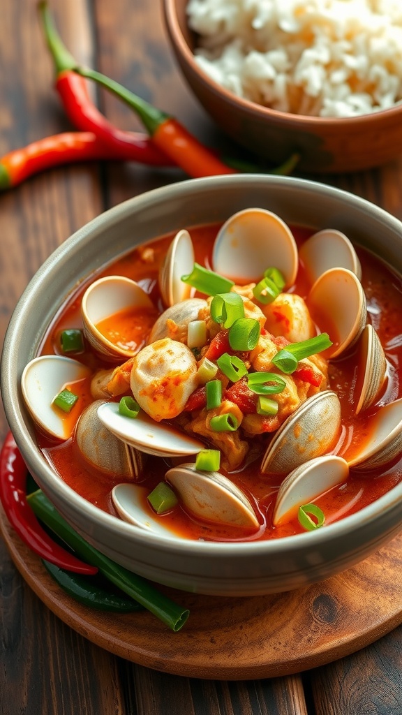 A bowl of spicy clam soup with clams, green onions, and chili peppers, served with rice on a wooden table.